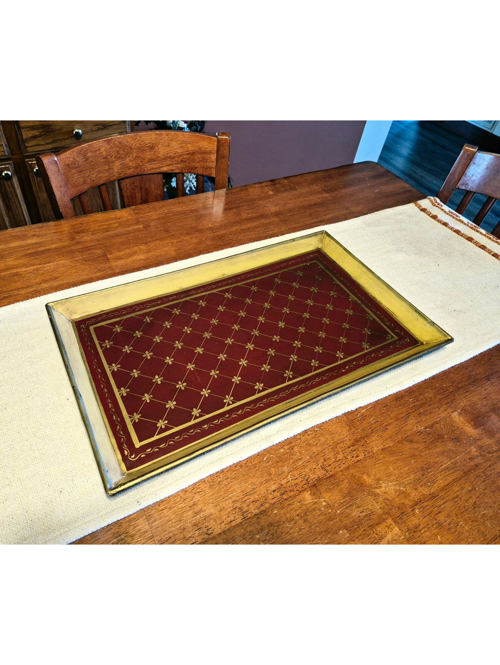 Vintage Rectangular Metal Serving Tray Burgundy Gold Geometric 22x12